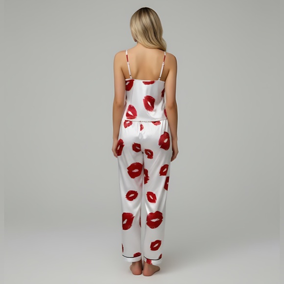 Satin Lips Cami And Long Pants Pyjama Set White - Picture 3 of 6